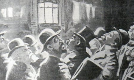 Ion I. C. Brătianu, Take Ionescu, Alexandru Bădărău și Titu Maiorescu ațteptând cel mai nou număr al ziarului „Seara” (desen din 1913, De Nicolae Petrescu Găină)