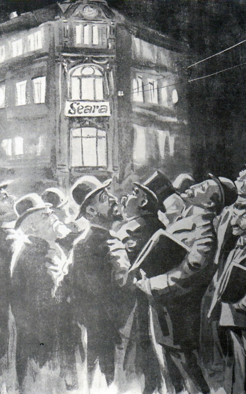Ion I. C. Brătianu, Take Ionescu, Alexandru Bădărău și Titu Maiorescu ațteptând cel mai nou număr al ziarului „Seara” (desen din 1913, De Nicolae Petrescu Găină)