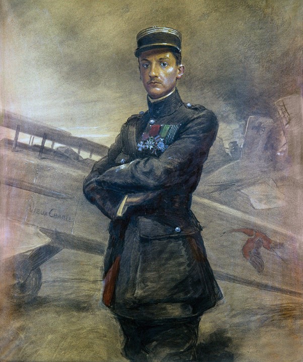 Jean-Jacques Berne-Bellecour îl înfățișează pe al doilea as francez, căpitanul Georges Guynemer (53 de victorii), alături de Spad VII al escadrilei Spa.3, cu simbolul berzei