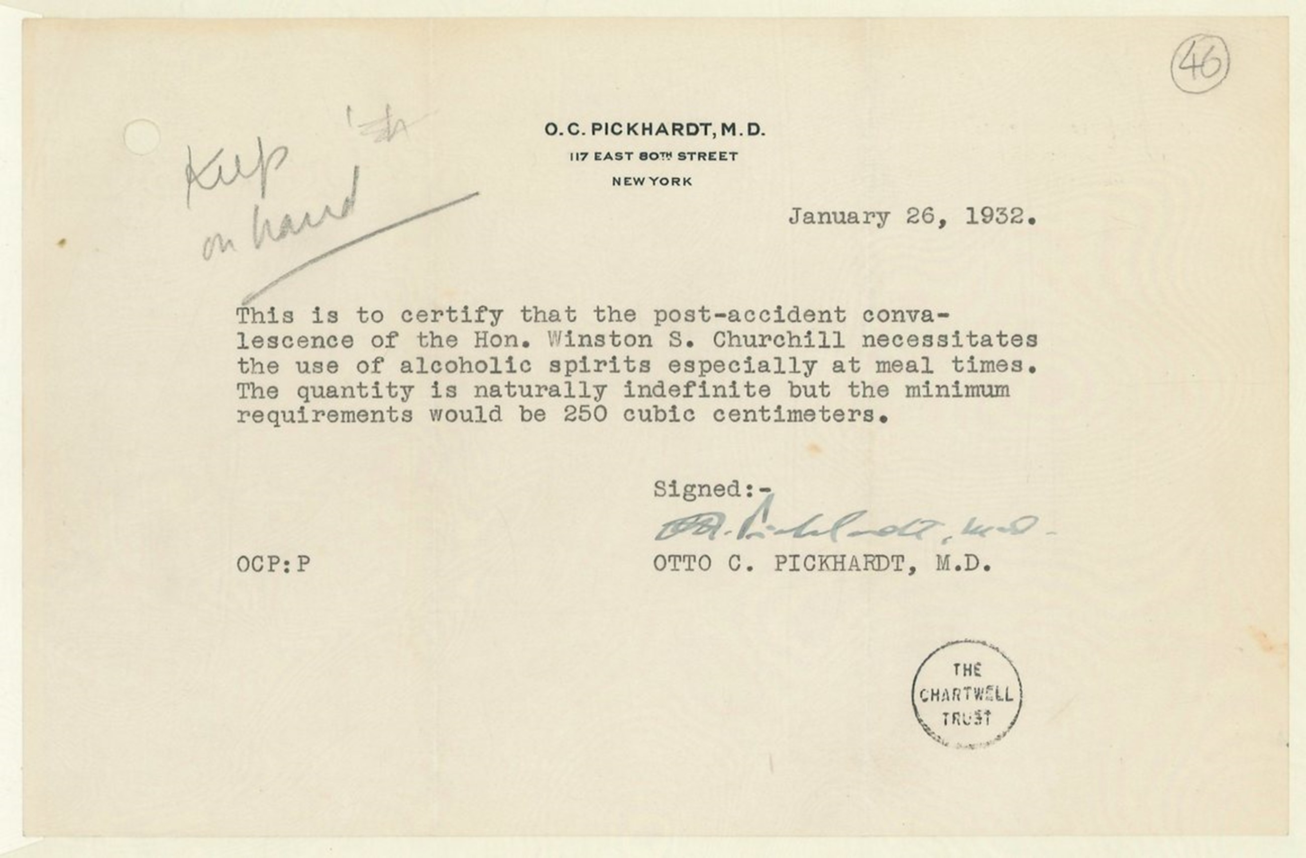 Rețeta semnată de medicul american al lui Winston Churchill, Otto C. Pickhardt, pentru consumul de alcool a omului de stat în 1932