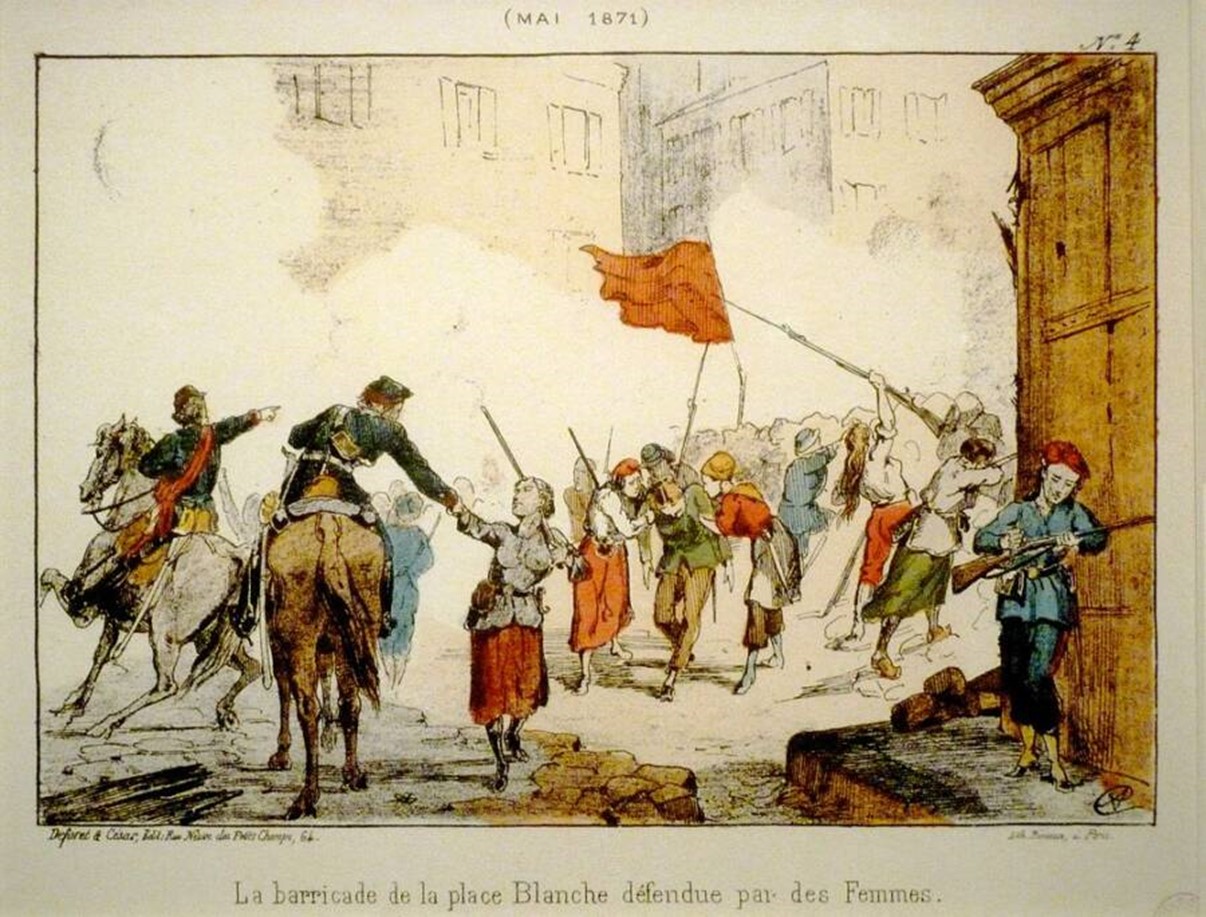 O ilustrație din secolul al XIX-lea care înfățișează femei apărând baricadele Comunei din ParisO ilustrație din secolul al XIX-lea care înfățișează femei apărând baricadele Comunei din Paris