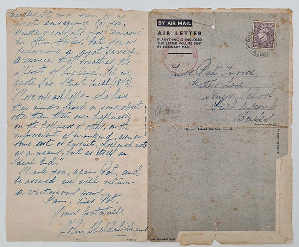 Scrisoarea în care soldatul John Wheldon-Williams și-a exprimat recunoștința față de adolescenta Pat Moore 