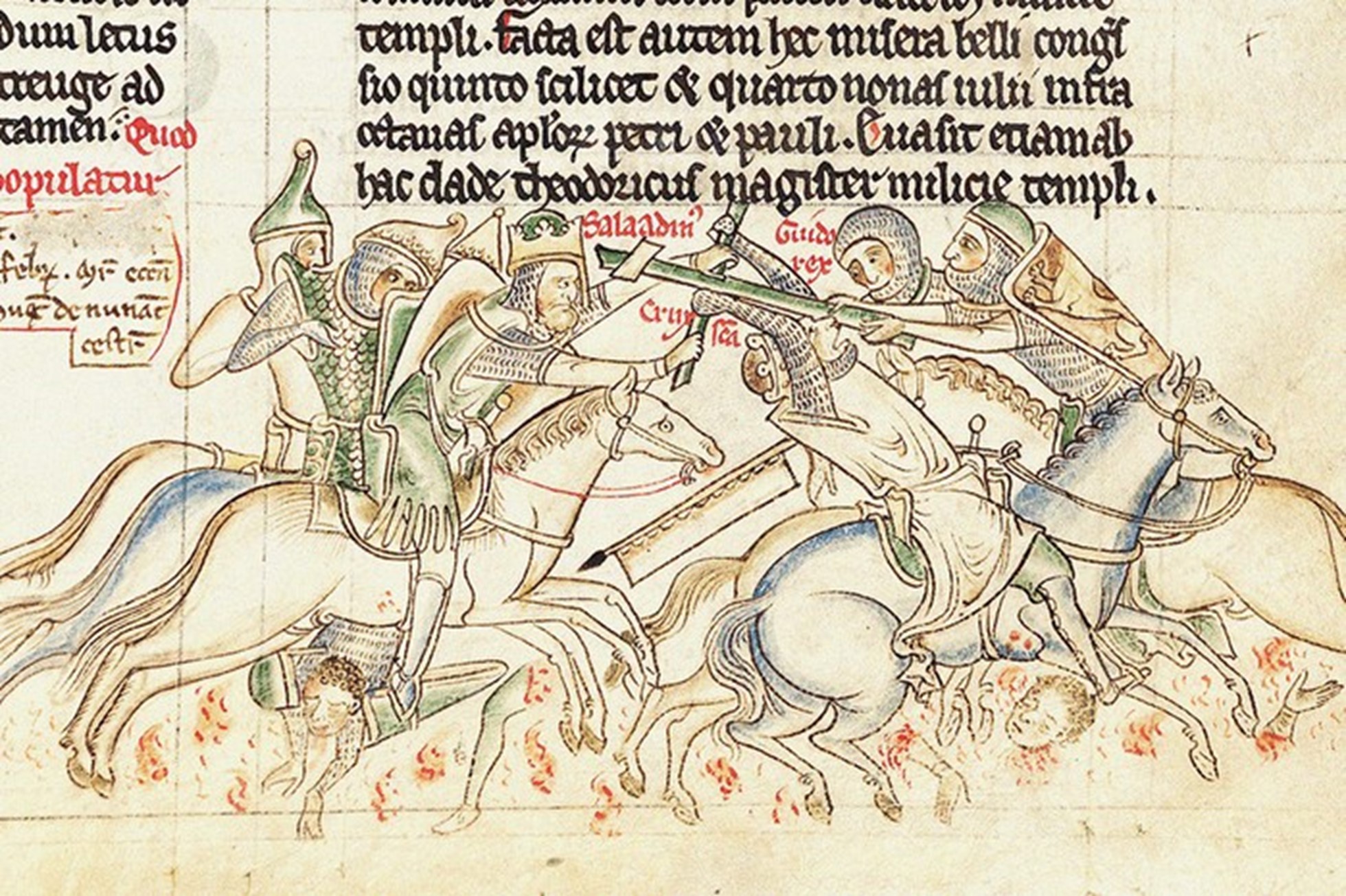 Saladin capturează "adevărata cruce" în bătălia de la Hattin din 4 iulie 1187, reprezentată într-o ilustrație medievală. În urma triumfului său din confruntarea împotriva cruciaților, sultanul a capturat orașul sfânt Ierusalim în octombrie 1187