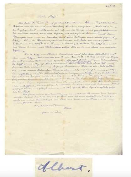 Scrisoarea în care se regăsea explicația aversiunii lui Einstein față de călătoria la München