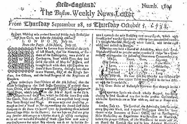 Prima pagină a ediției din 28 septembrie 1738 a ziarului Boston News-Letter în care au fost publicate zvonurile false