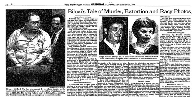 Un articol din New York Times referitor la condamnarea lui Kirksey McCord Nix Jr. pentru uciderea unui judecător din Mississippi și a soției acestuia