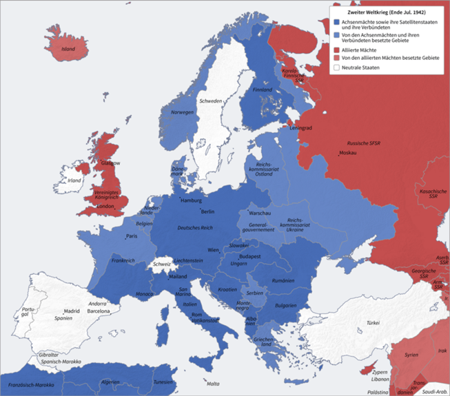 O hartă a expansiunii naziste din octombrie 1941, reprezentată în albastru. Roșu reprezintă puterile aliate
