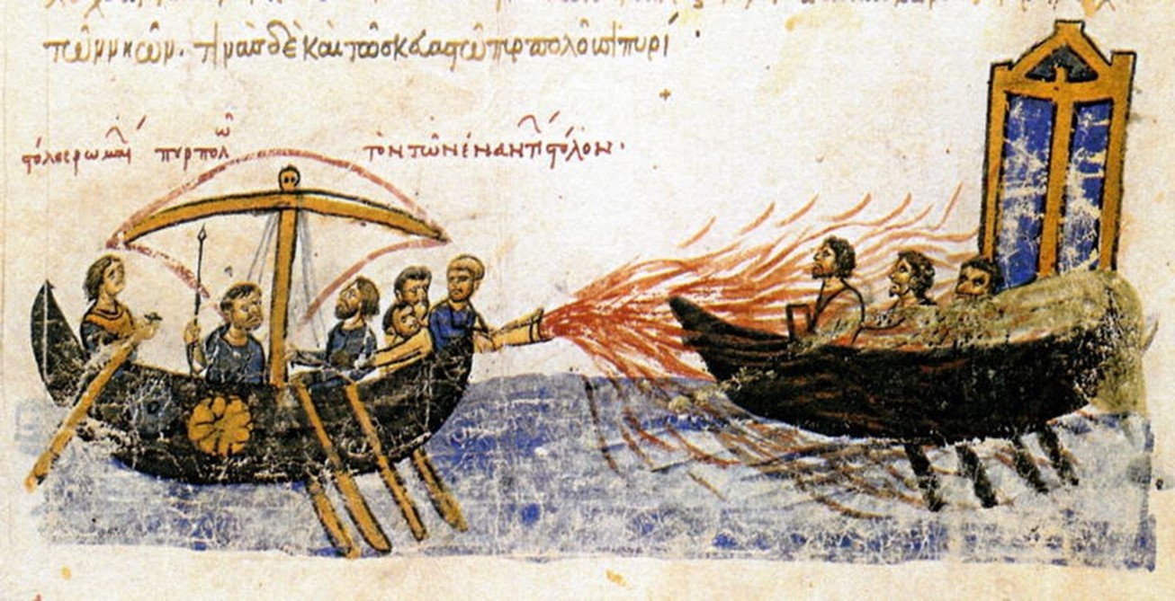 O reprezentare a focului grecesc folosit pe mare împotriva lui Toma Slavul, un general bizantin rebel din secolul al IX-lea