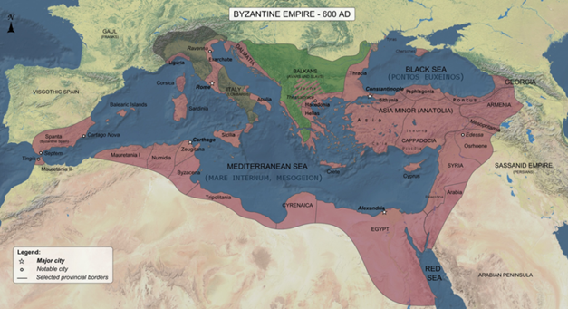Imperiul Bizantin în anul 600 d.Hr. Acesta va suferi atacuri continue de-a lungul secolelor, culminând cu căderea Constantinopolului în 1453